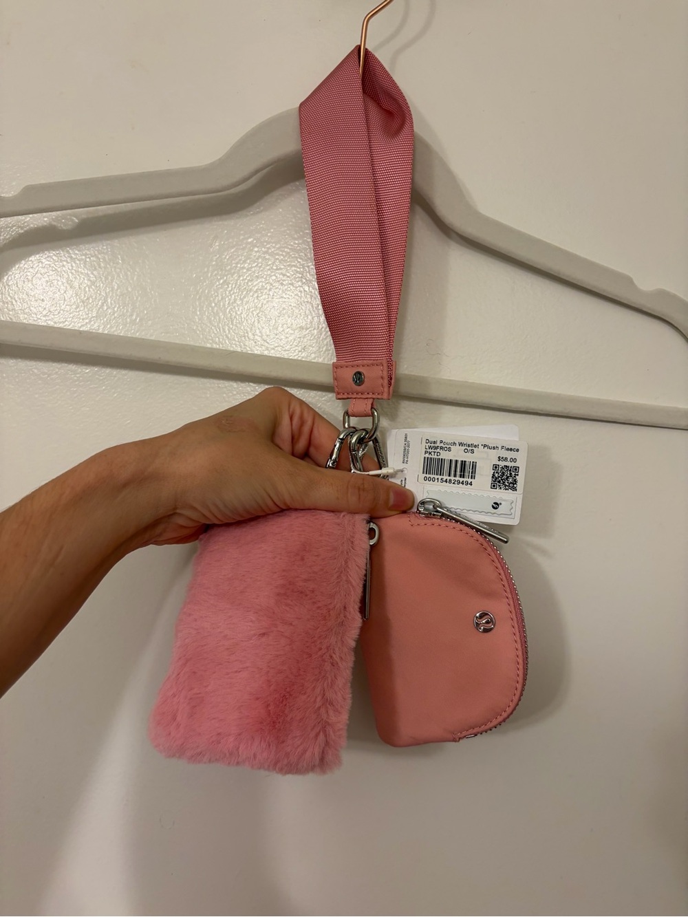 NWT: $58 LULULEMON Dual Pouch Wristlet *Plush Fleece, Pink Tide, Silver Hardware